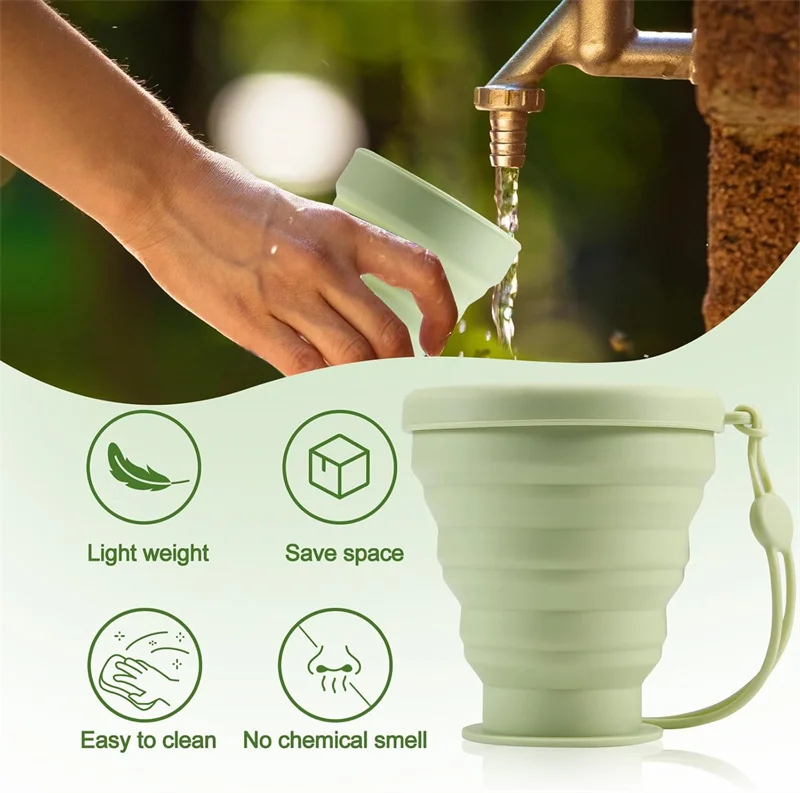 200 ml faltbarer Silikonbecher mit Deckel, wiederverwendbares, erweiterbares Trinkbecher-Set für Camping und Rucksackreisen, Outdoor-Reisen, Mehrzwecknutzung – Detail 4