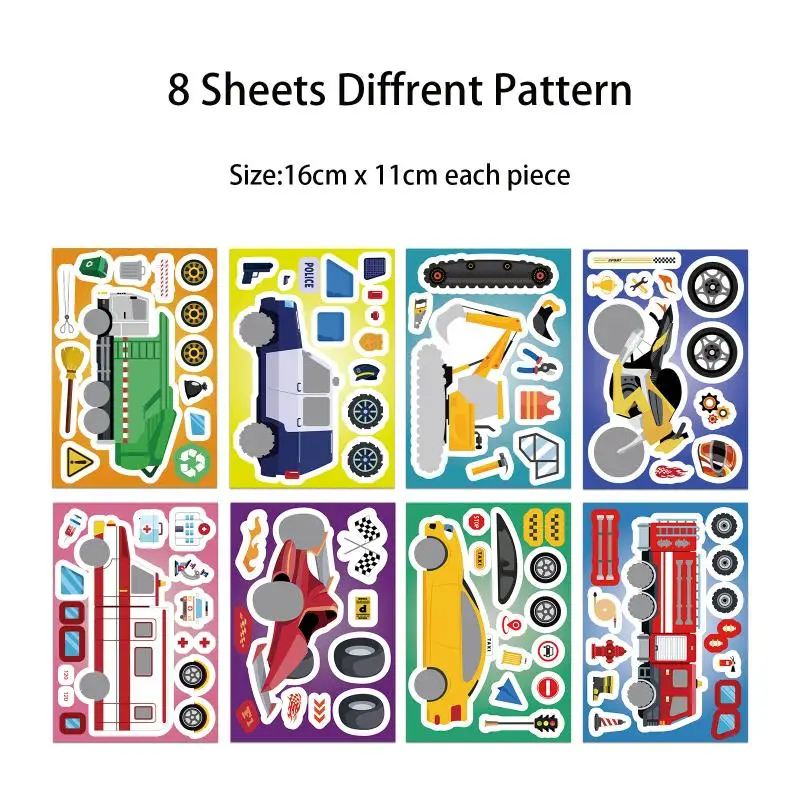 8 Sheets Motorcycle Excavator Various Vehicle Combinations DIY Decal Fire Truck Ambulance Puzzle Stickers Gifts Decoration