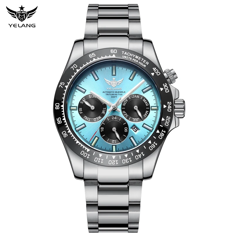 Yelang Men Sports Watch 42mm Panda  Six Eyes Flying Probe Retro Luxury  9120 Fully Automatic Mechanical Sapphire 10Bar Luminous