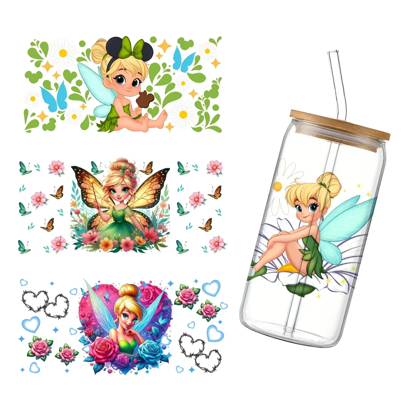 Disney princesa tinker bell 11x24cm uv dtf envolve adesivo de transferência diy para copo de vidro de 16oz decalques à prova dwaterproof água adesivo de copo de café