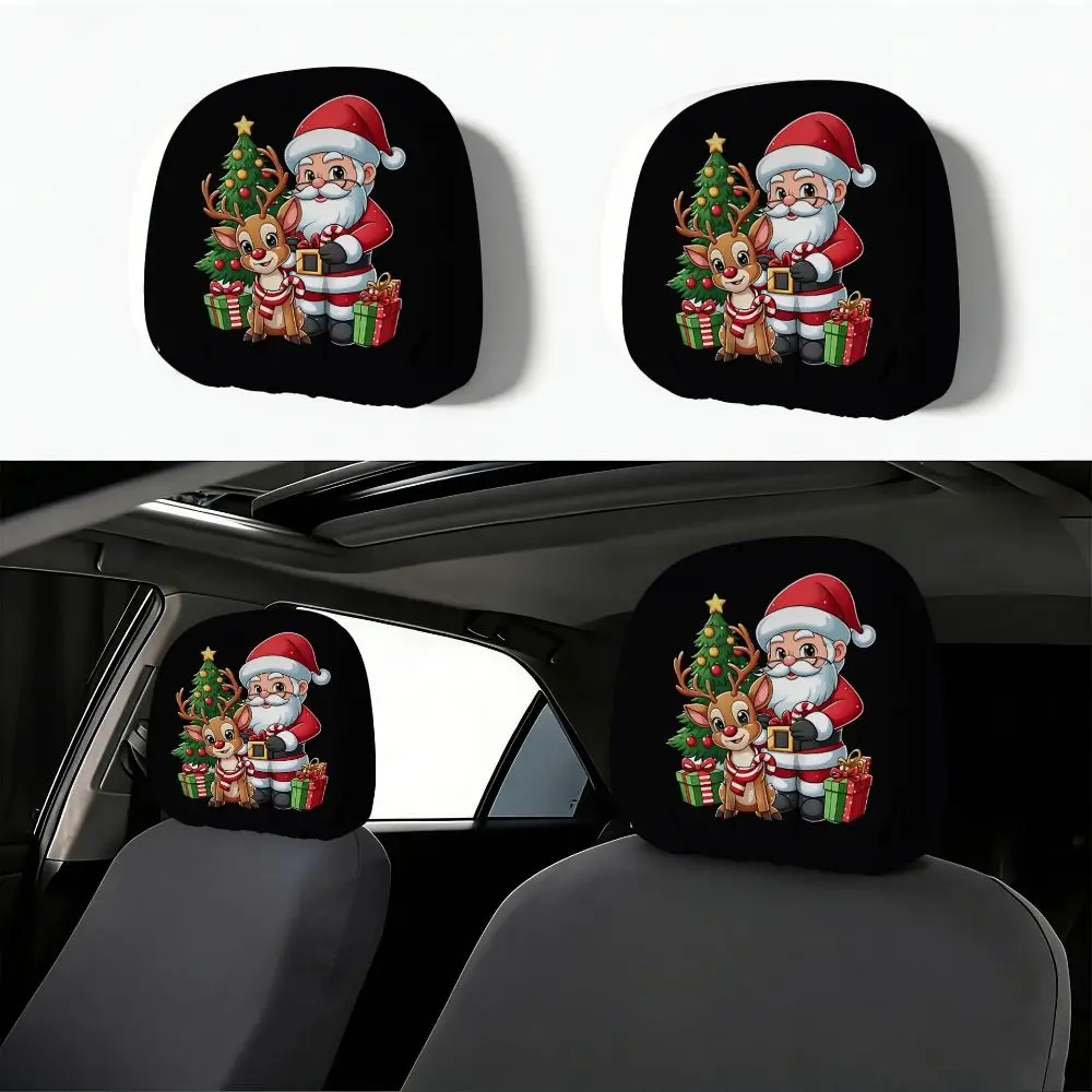 2pcs Universal Christmas Car Headrest Cover Cartoon Snowman Santa Print Car Pillowcase Funny Stain-Proof 4