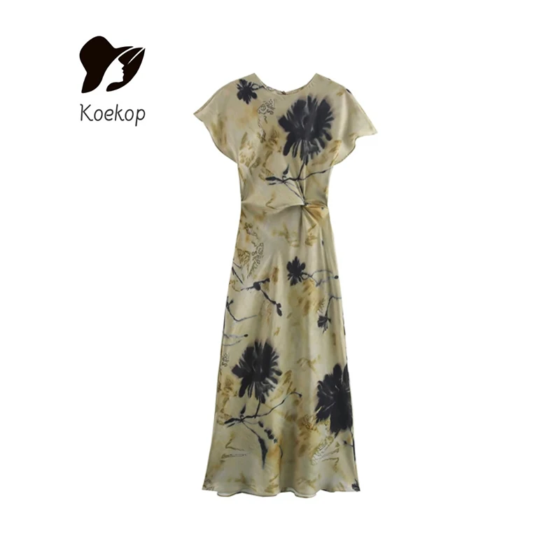 Koekop Women's Fashion Satin Texture Shirt Style Dresses Vintage Sleeveless Printed Women's Chic Lady Dresses