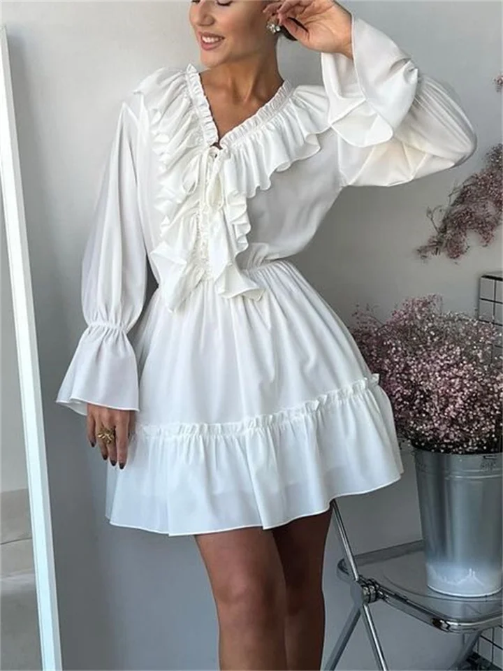 white dress with grey ruffle sleeves Lucille Victorian Long Sleeve White Dress. Simple Retro Womenswear Daily-Vintage Inspired Fashion, White / XS