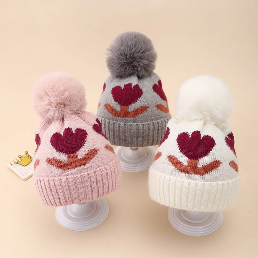 

Flower Winter Baby Hat Boys Girls Double Layer Thick Knitted Hats Baby Woolen Beanies For Kids 2-7 Years