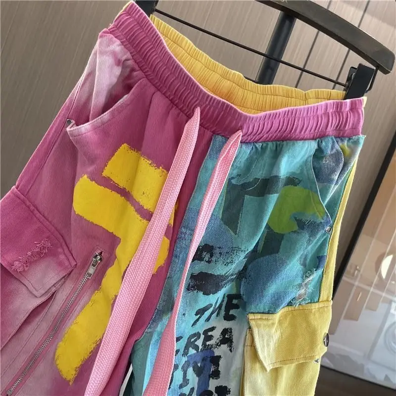 Hip Hop Jeans Women 2024 Summer New Fashion Color Contrast Elastic Waist Ripped Overalls 90s Straight Ankle Tied Cropped Pants