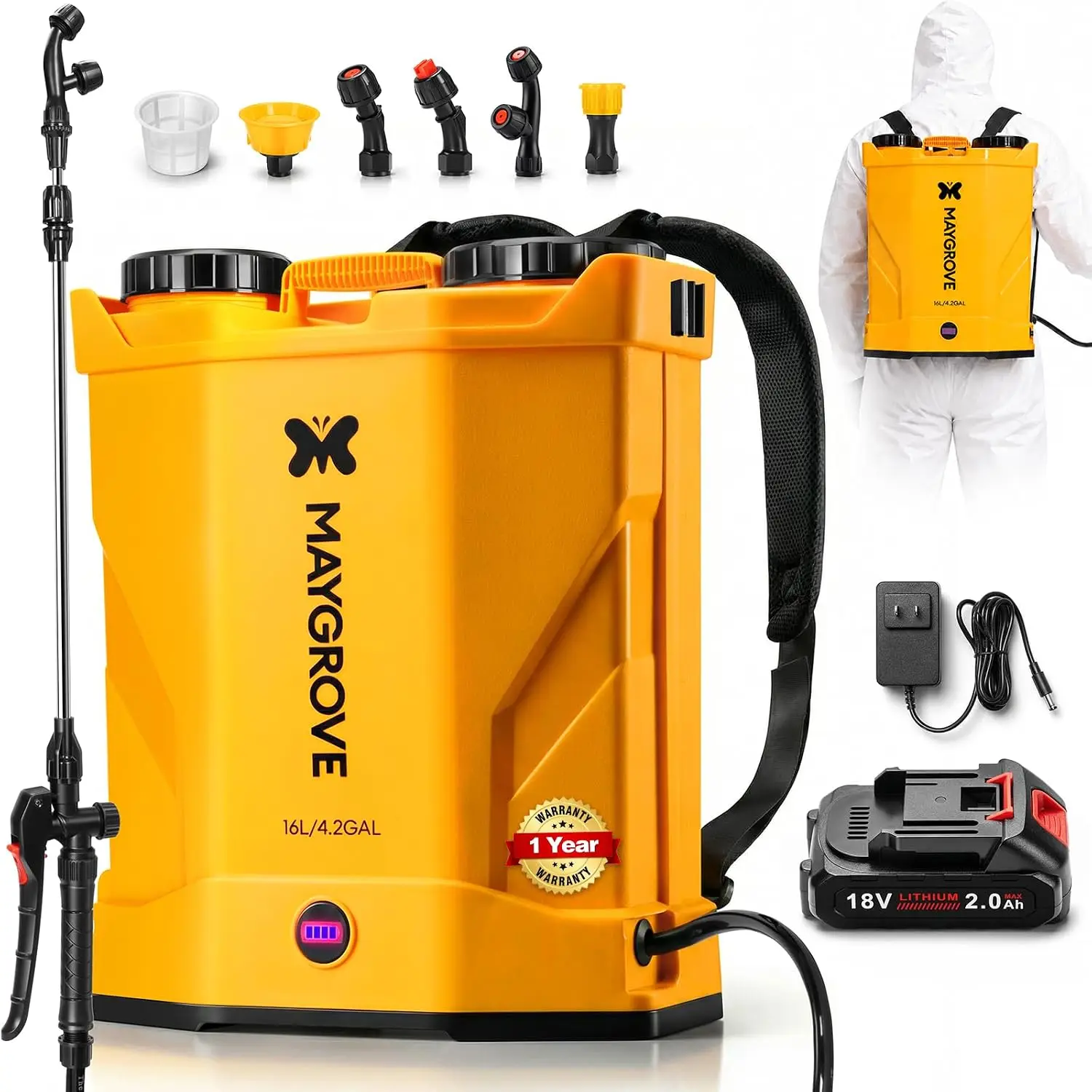 Battery Powered Backpack Sprayer 4.2 Gallon Up To 100 PSI Electric Adjustable Wand Five Nozzles Garden Lawn Care Fertilizing Wee