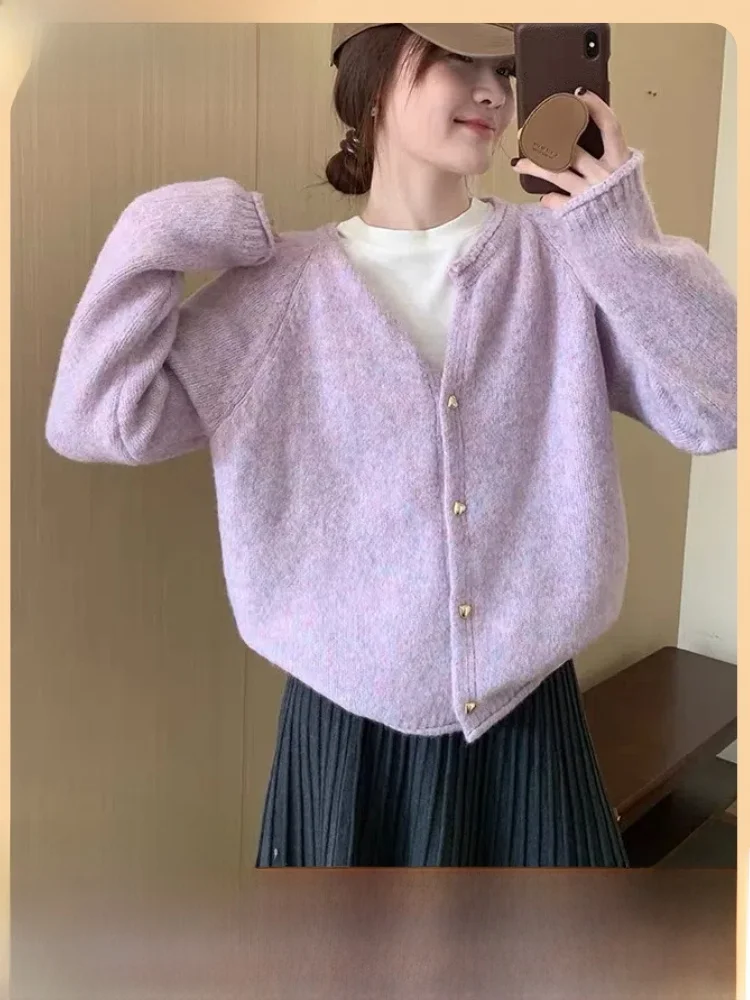 كارديجان نسائي محبوك بسيط بألوان نقية على الطراز الكوري، سترة ناعمة للخريف والشتاء، مقاس صغير بأسلوب كسول وحلو وفضفاض #5