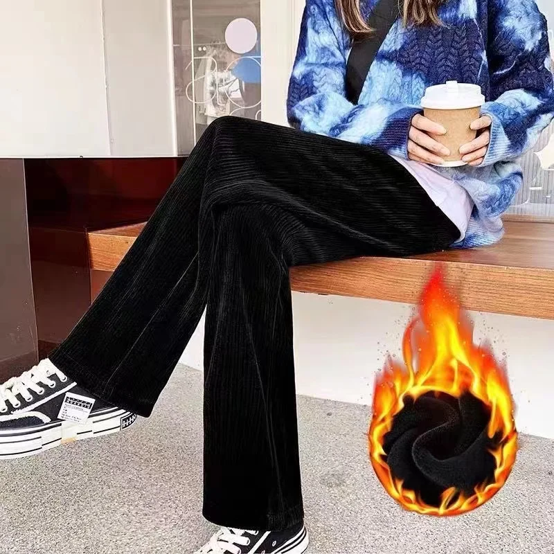 Women's Comfortable Fleece Lined Thick Wide Leg Pants Loose Fit Casual Trousers