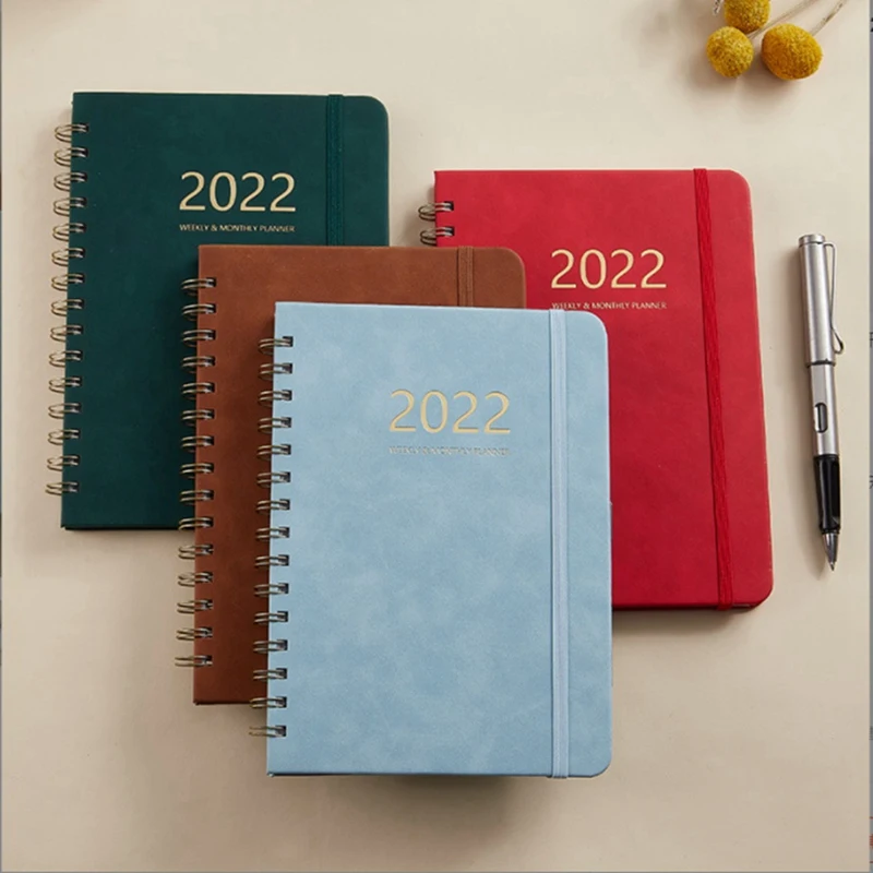 PU couro agenda notebook, livro plano semanal, inglês completo, elástico, 2022