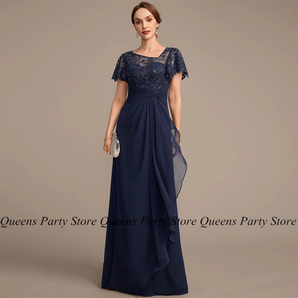 

Cheap Navy Mother of The Bride Dress Short Sleeves Sequined Applique Ruffles Chiffon A Line Wedding Guest Gown Evening Dresses