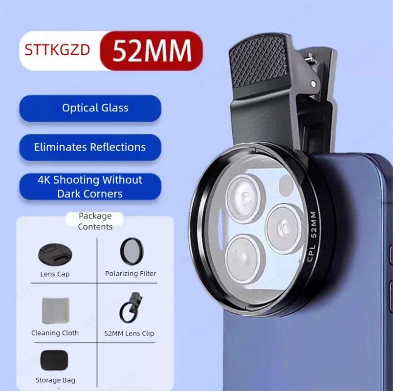 52mm CPL Mobile Phone Lens Filter Lens Clip Camera Accessories Circular Polarizer Filter for Canon Nikon for All Smartphone
