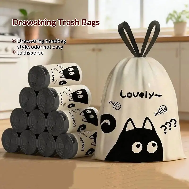 Cute Cat Fishbone Printed Drawstring Trash Bags 50 Pcs Per Roll 45x45cm Tear Free Disposable Garbage Bags For Household Waste