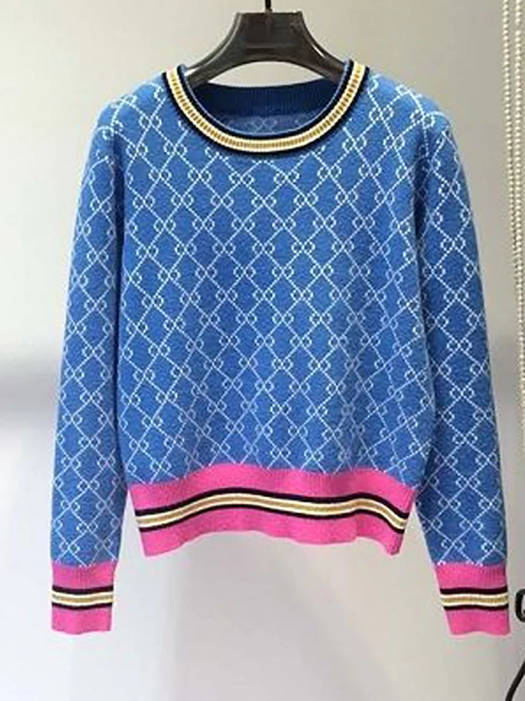 

Vintage Sweater Women Loose Knit Pullover Female Geometric Clash Jacquard Casual Knitwear Ladies Long Sleeve Top Pull Femme