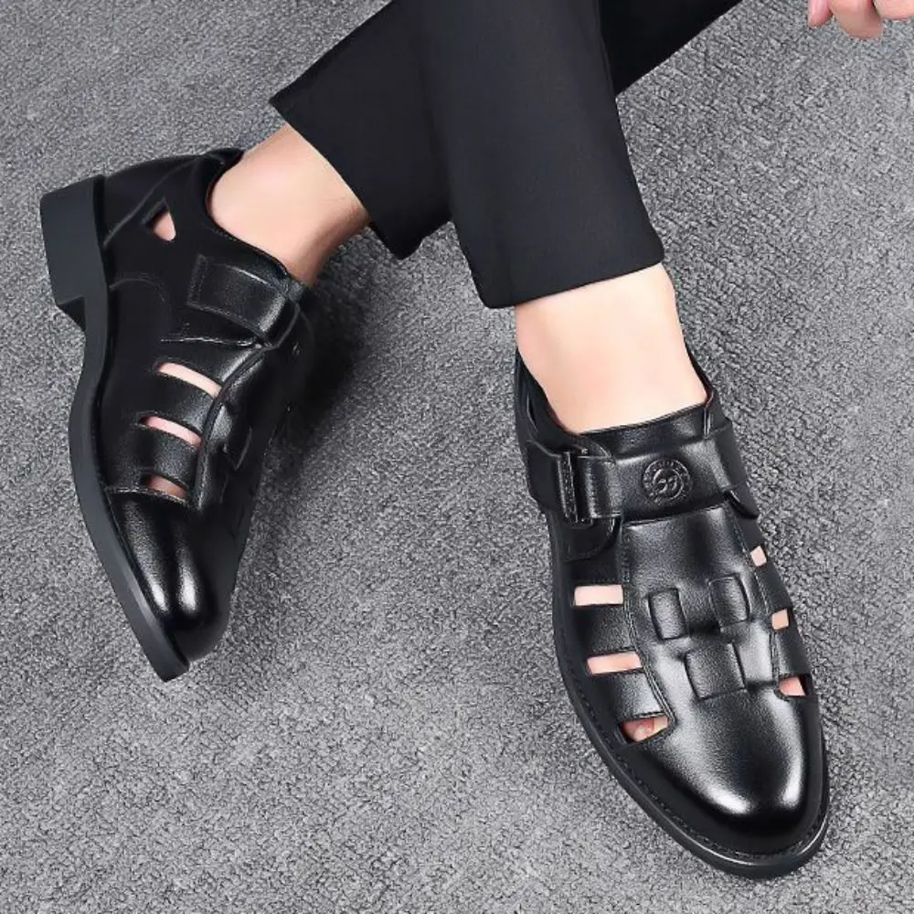 

Classic Business PU Sandals Men Breathable Comfortable Closed-toe Shoes PVC Sole Beachwear Hollow Leather Shoes Summer