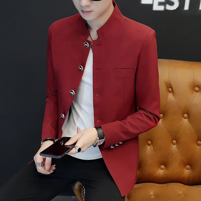 Blazer Fashion Business Solid Color Korean Gentleman Stand Collar Trend Casual Gentleman Slim Wedding Work Mens Blazer Jacket