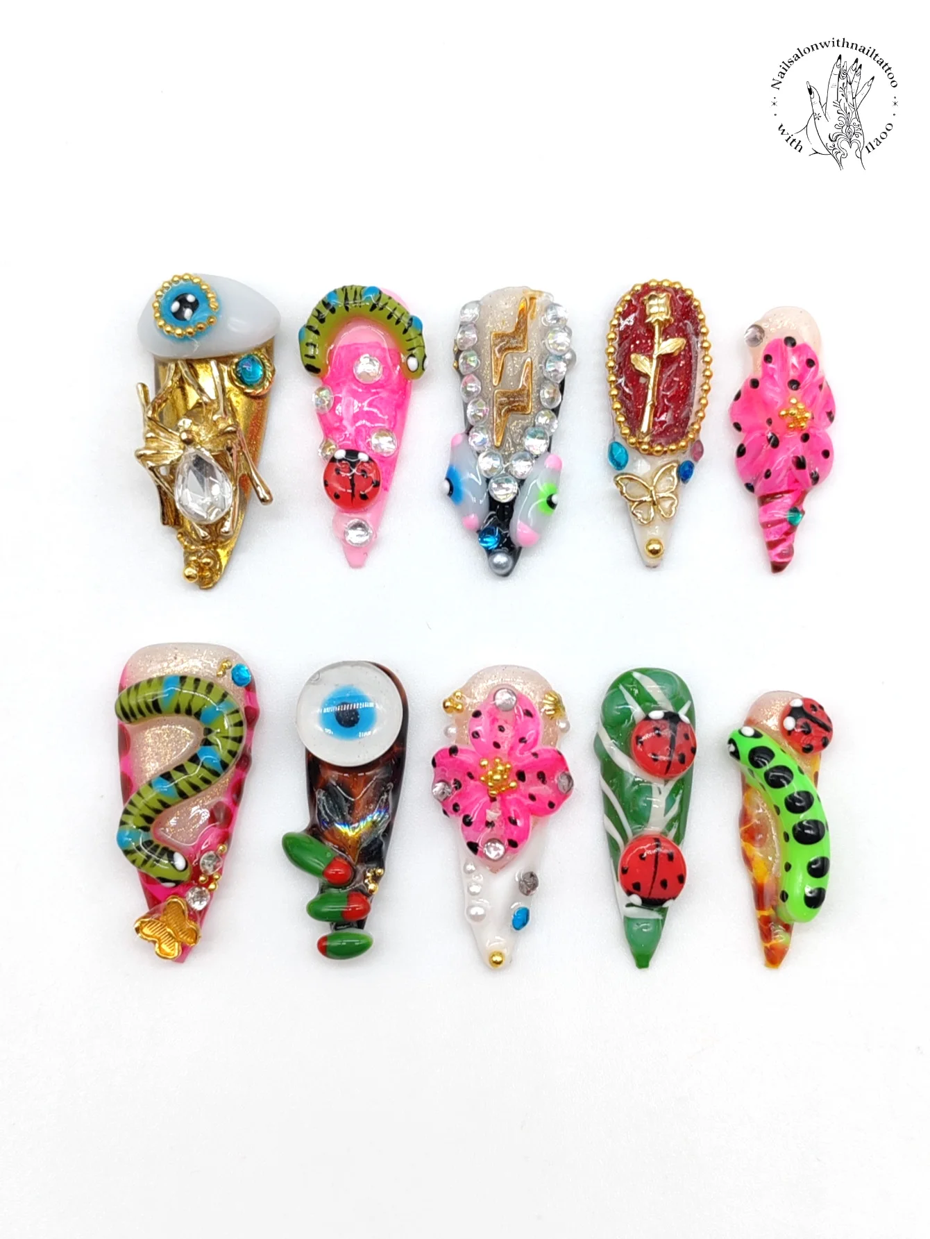 10-Piece Set 33mm Hand-Pressed Wearable Nails French Style with Colorful Insects Design for Autumn Winter Pointed Tips