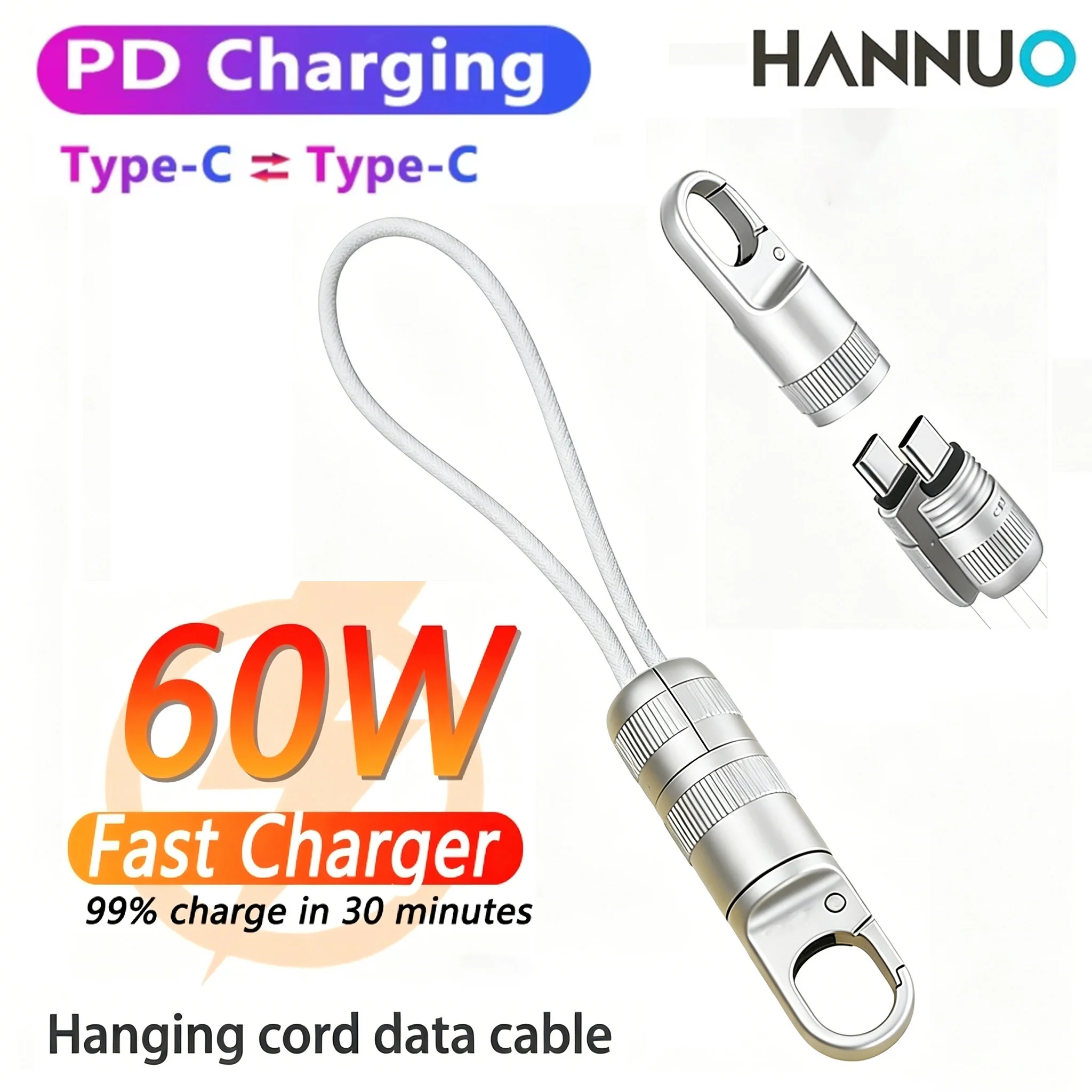 HANNUO 60W Short USB C Cable Fast Charging Type C to Type C Cable Keychain Short Line for iphone Samsung OPPO USB Braided Cable