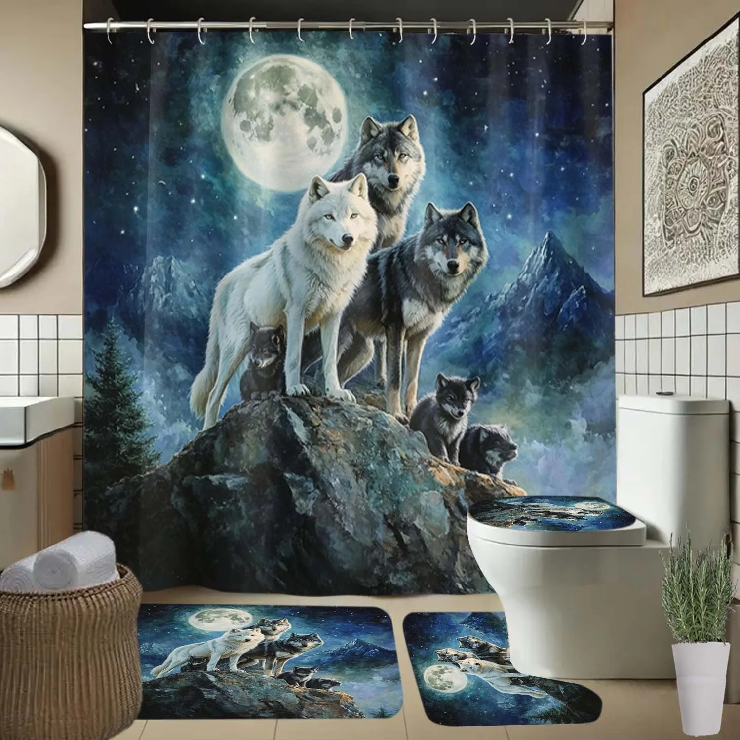 

Набор занавесок для душа с узором «Волк», «Луна и звездное небо» и крючками — моющийся полиэстер, декор для ванной комнаты, элегантный домашний аксессуар