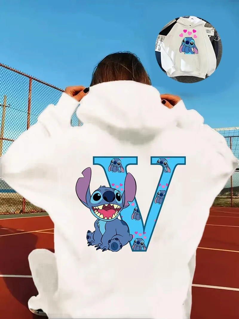 

2025 Women's Winter Jacket Cute Kawaii Disney Lilo & Stitch Lucky Letter Print White Hoodie Fashion Couple Streetwear Sportswear