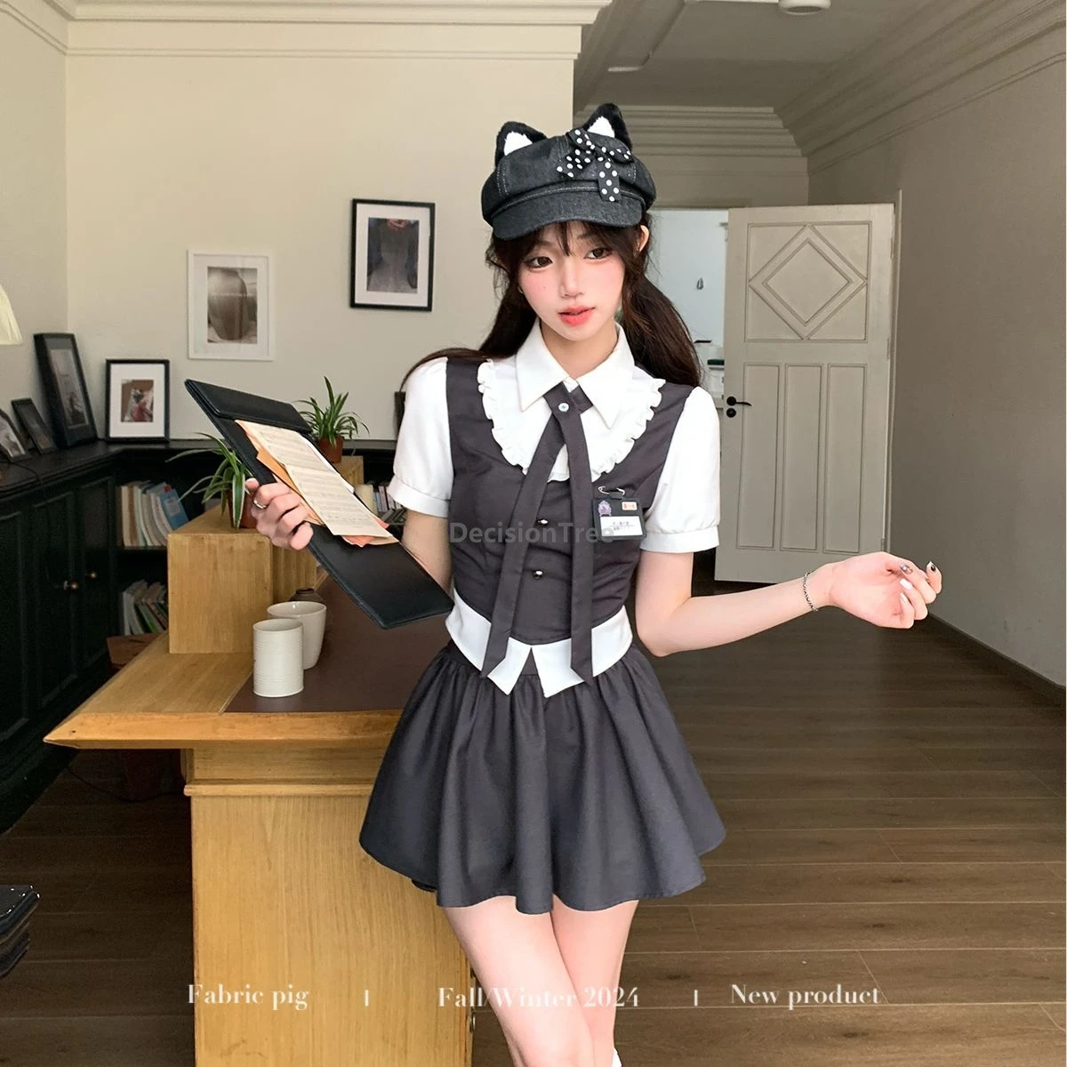 korean-style-jk-uniform-set-summer-school-girl-pure-desire-waist-cinching-slimming-vest-shirt-pleated-skirt-two-piece-set