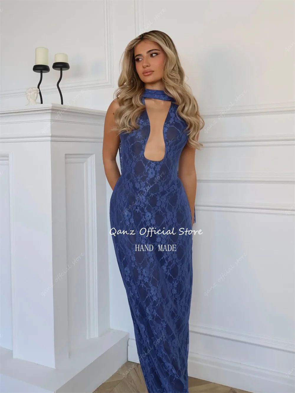 Qanz أزرق ملكي مزين بالدانتيل فساتين لحضور الحفلات الموسيقية حورية البحر رقبة رسن فساتين سهرة رسمية للنساء بدون أكمام رداء De Soirée مخصص