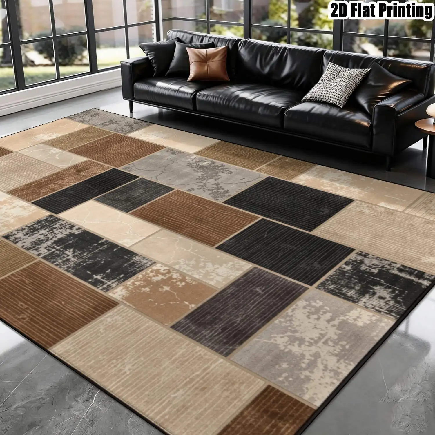 1Pc 2D Printed Carpet: Retro Brown Black Geometric Patchwork, Nordic/Modern Minimalist/European/Vintage Striped Style, Home Decor, Multi-Size, Machine Washable, for Entrance/Dining Room/Foyer/Living Room/Bedroom