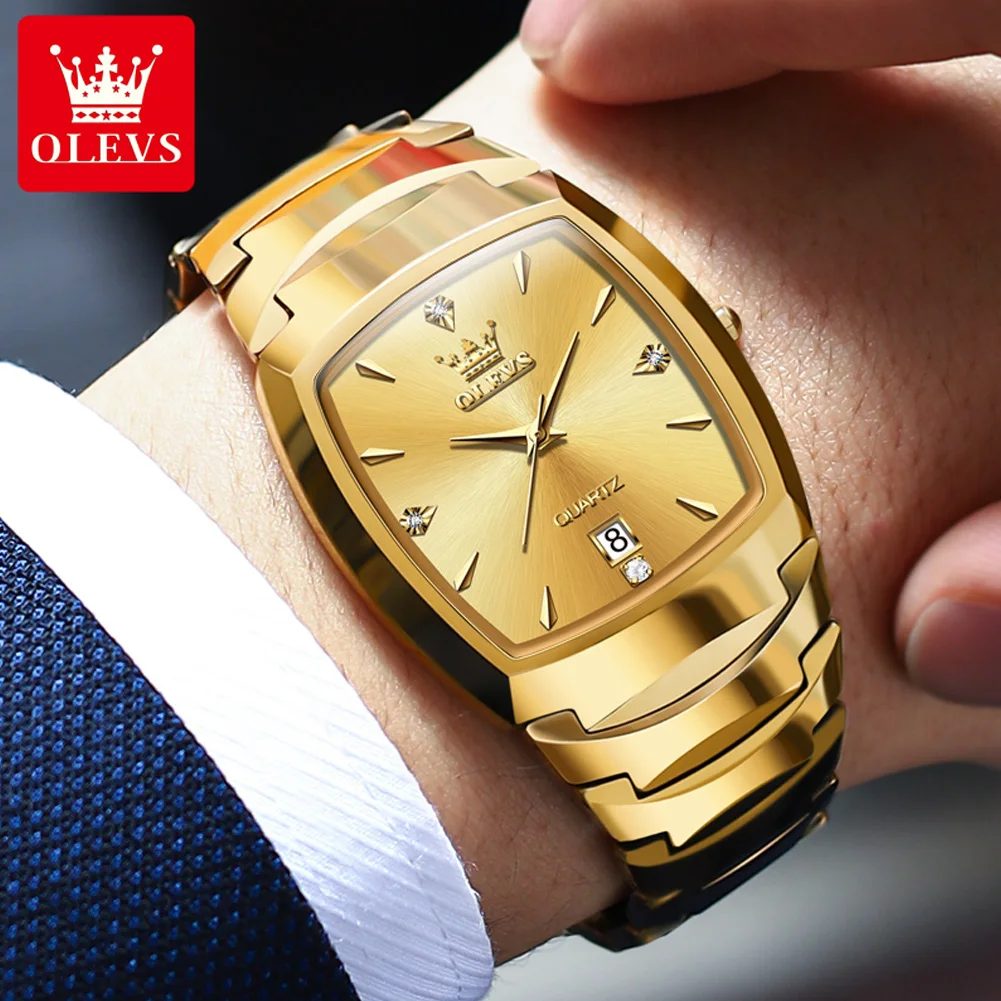 OLEVS 7006 Original Tungsten Steel Quartz Men\'s Watch Classic Fashion Square Design Waterproof dial Luxury Gold Men\'s Watch