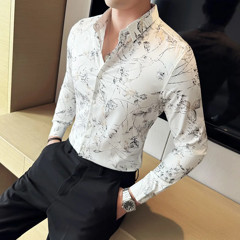 Luxury Gold Silk Printed Shirt Men Fashion Slim Fit Long Sleeved Casual Shirts Business Social Formal Dress Shirts Men Clothing