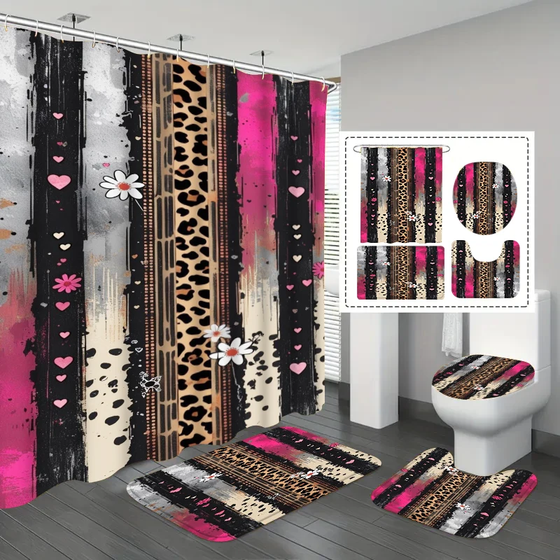 1/3/4-teiliges Duschvorhang-Set mit kontrastierendem rosa und schwarzem Leopardenmuster, wasserdicht und schimmelresistent, vierteiliges Badezimmer-Set für Mädchen