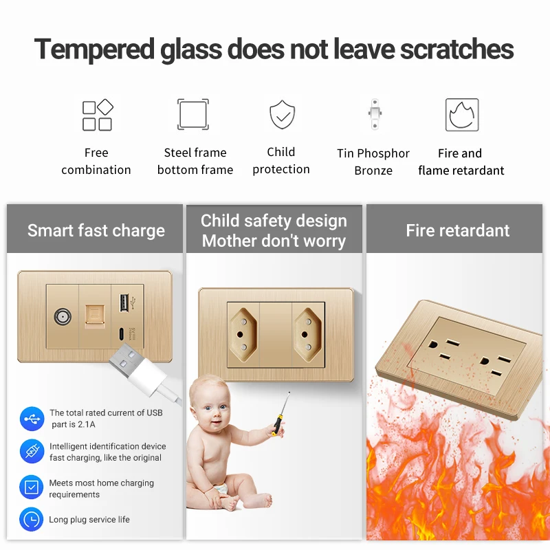 

ELEGAN 118*74мм Золотая панель для рисования на ПК, комбинированная розетка-выключатель серии Brazil Standard, универсальная настенная компьютерная розетка TEL TV 20W