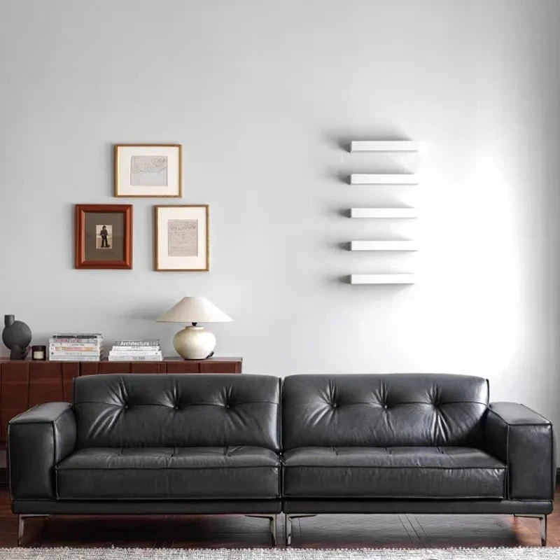 Straight-Row Leather Sofa High-Quality Hardware Feet Sofa Full Genuine Leather Mid-Century Simple And Light Luxury Living Room