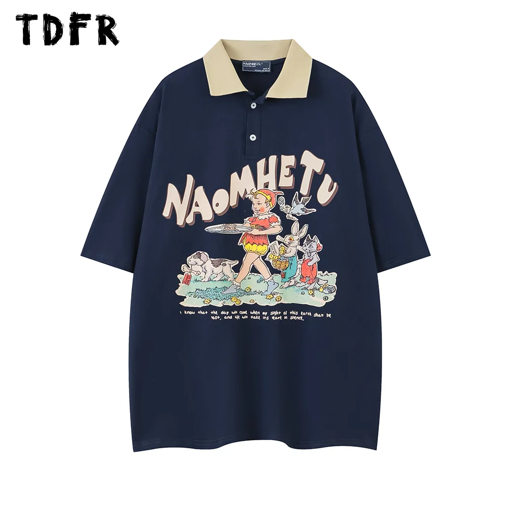 

Retro Cartoon Print Short Sleeve Polo Shirt Mens Summer Streetwear Loose Drop Shoulder Half-Sleeve Cotton Top Men