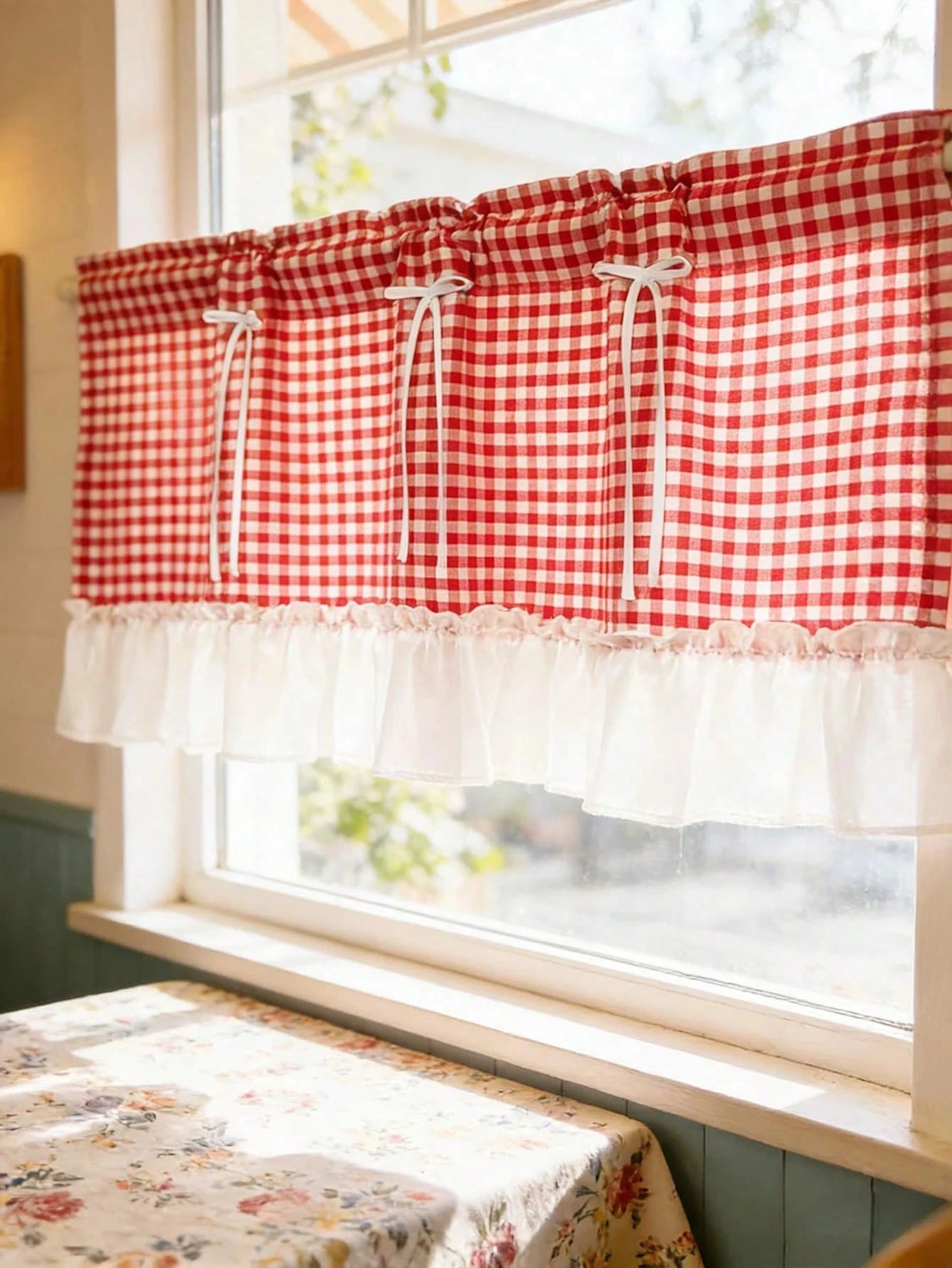 1pc Short Curtain Featuring Plaid, Adorned With Ruffle Trim. This Vintage Farmhouse Curtain Is Perfect For Kitchen Windows