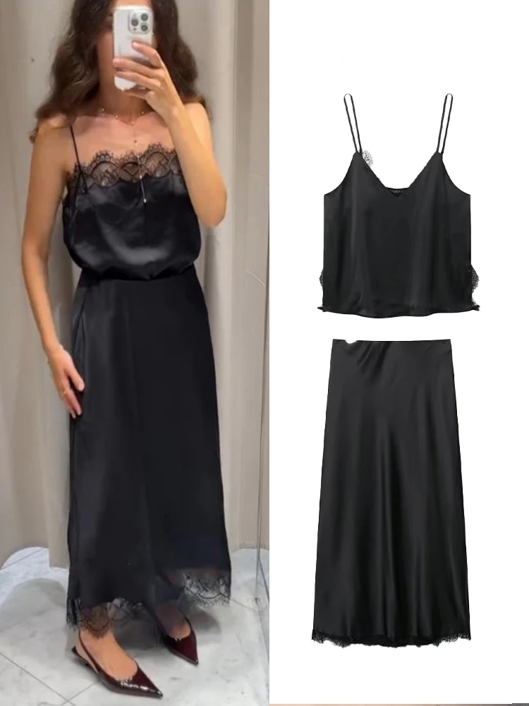 HH Women Autumn New Fashion Satin Texture Suit Sleeveless Lace Decoration V-Neck Backless Short Sling Top+Black Midi Skirt