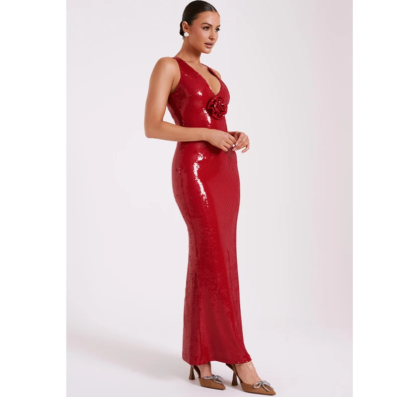 Frauen schwarz V-Ausschnitt ärmellose 3d Blume lange Weihnachts abend Party Diamante Bodycon Kleider rote Rose Pailletten Maxi kleid