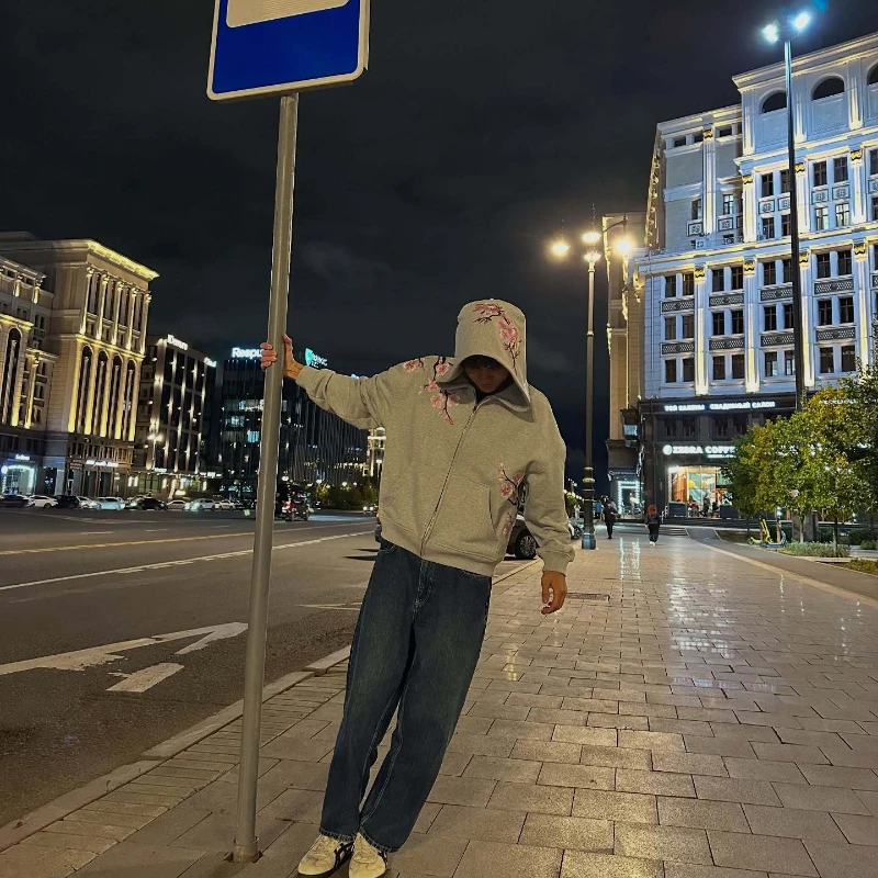 

Autumn and winter fashion cherry blossom embroidery zipper men's and women's hooded sweatshirt Harajuku retro Gothic casual