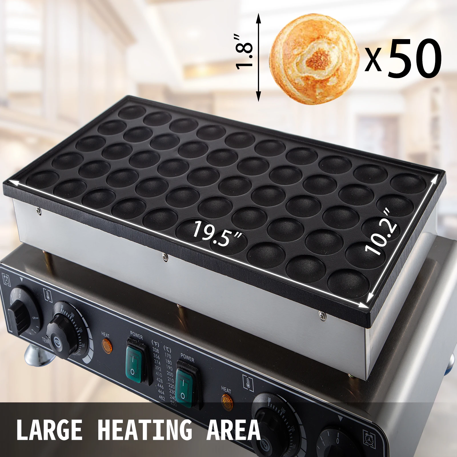 Vevor เครื่องทำแพนเค้กดัตช์ขนาดเล็ก1700W, เครื่องทำวาฟเฟิลแบบไม่ติดสำหรับการค้าขนาด1.8นิ้วสำหรับบ้านและร้านอาหาร50ชิ้น