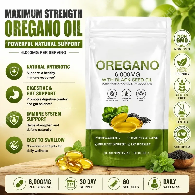 

Oil of Oregano Softgels with Black Seed Oil 6000mg 165mg Carvacrol Thymoquinone Gluten Free Daily Wellness 60/180 Softgels