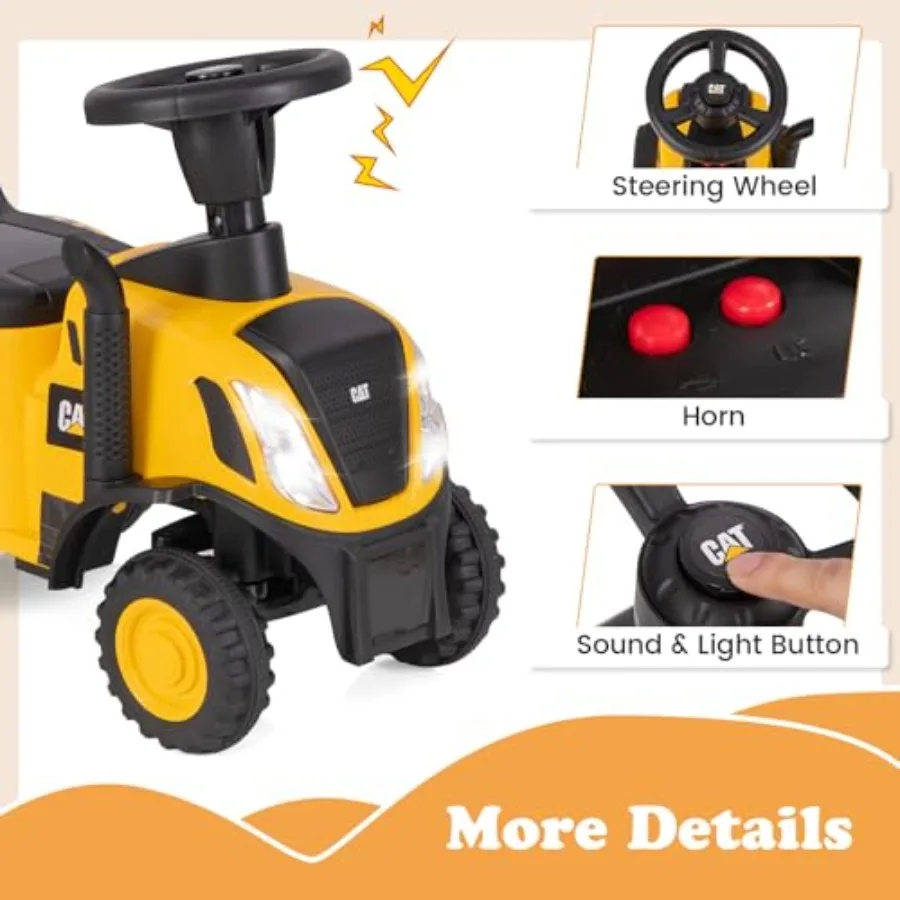 Licencjonowany traktor Caterpillar do jazdy, 2 w 1: pojazd do jazdy i wózek do pchania z odłączanym przyczepką, światła, klakson, grabie, łopata, napęd na stopę.