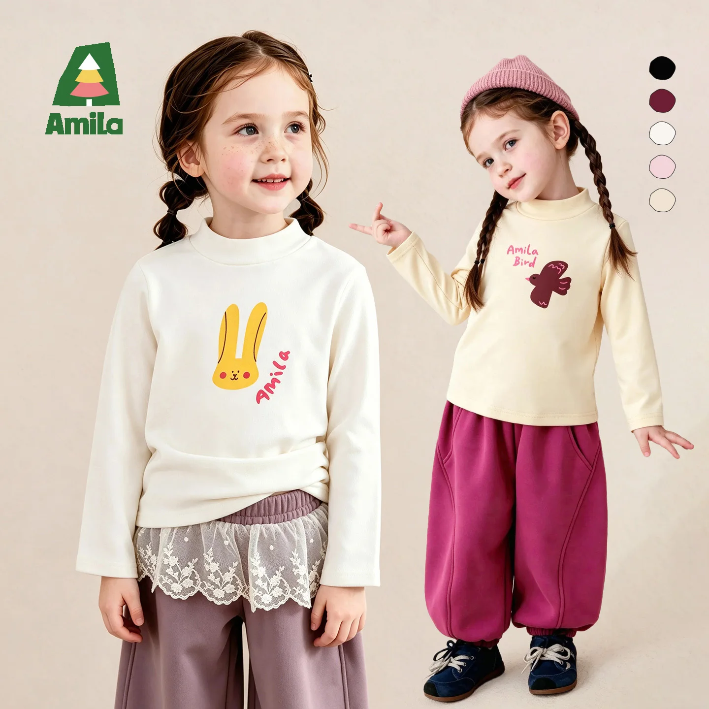Amila 2026 Winter New Kids T Shirt Half Turtleneck Cute Fun Cartoon Print Stretchy Extra Soft Cozy Inner Layer Daily Top