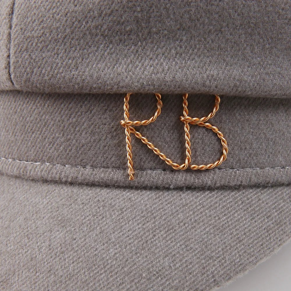 Brand Designer Autumn Winter  Newsboy Caps Metal letter Decorated  Flat Wool Caps