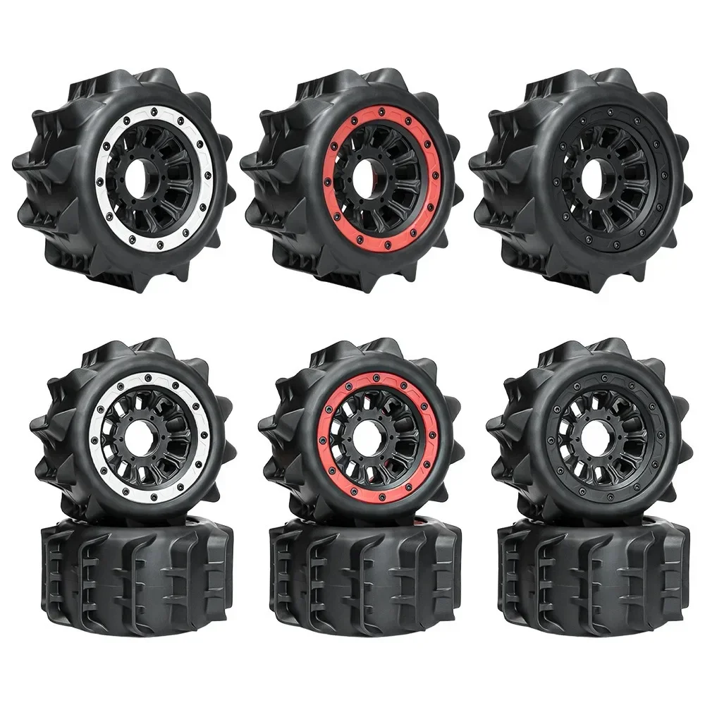 4PCS 1/10 RC Paddle Sand Tires Wheels 131mm 5.16in Beadlock Alloy Rim White Red Black 12mm 14mm Hex for Traxxas Stampede