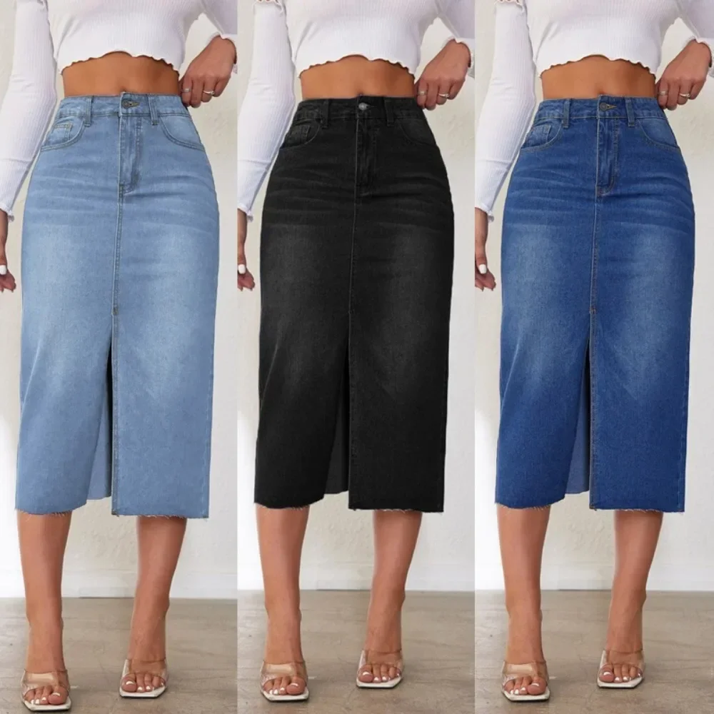 Women American Retro No Stretch Denim Midi Skirt Side Slit Mid-Length Jean Skirt Casual Streetwear Versatile Ladies Half Skirt