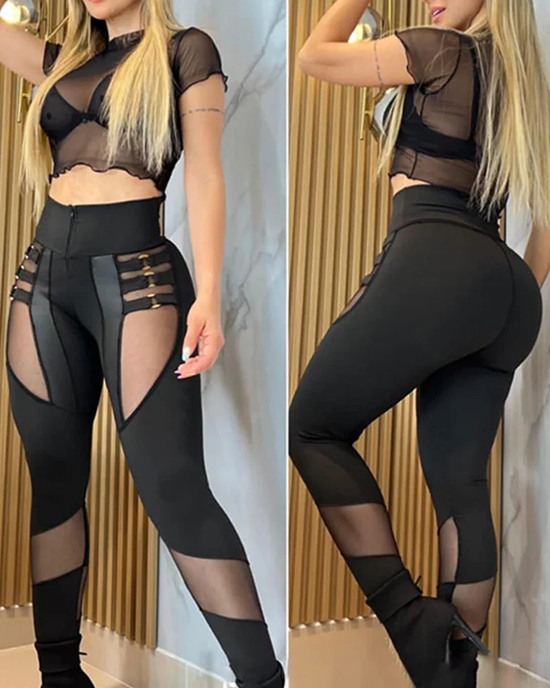 

Spring Women Solid Tight High Waist Slim Fit Long Pants O-Ring Decor Sheer Mesh Patch Trousers