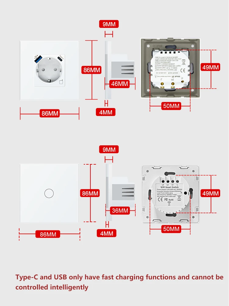 LOUYSGEN  Tuya WiFi Touch Switch And Smart Socket Timer Schedule Smart Plug Energ Need Neutral Wire Alexa Alice EU 1Way
