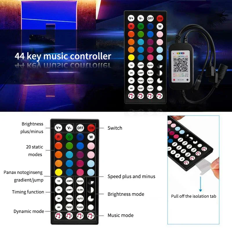 12V RGB LED 44key Controller Music Bluetooth-Compatible Smart Control Double Output LED Dimmer Controller for RGB Strip Lights