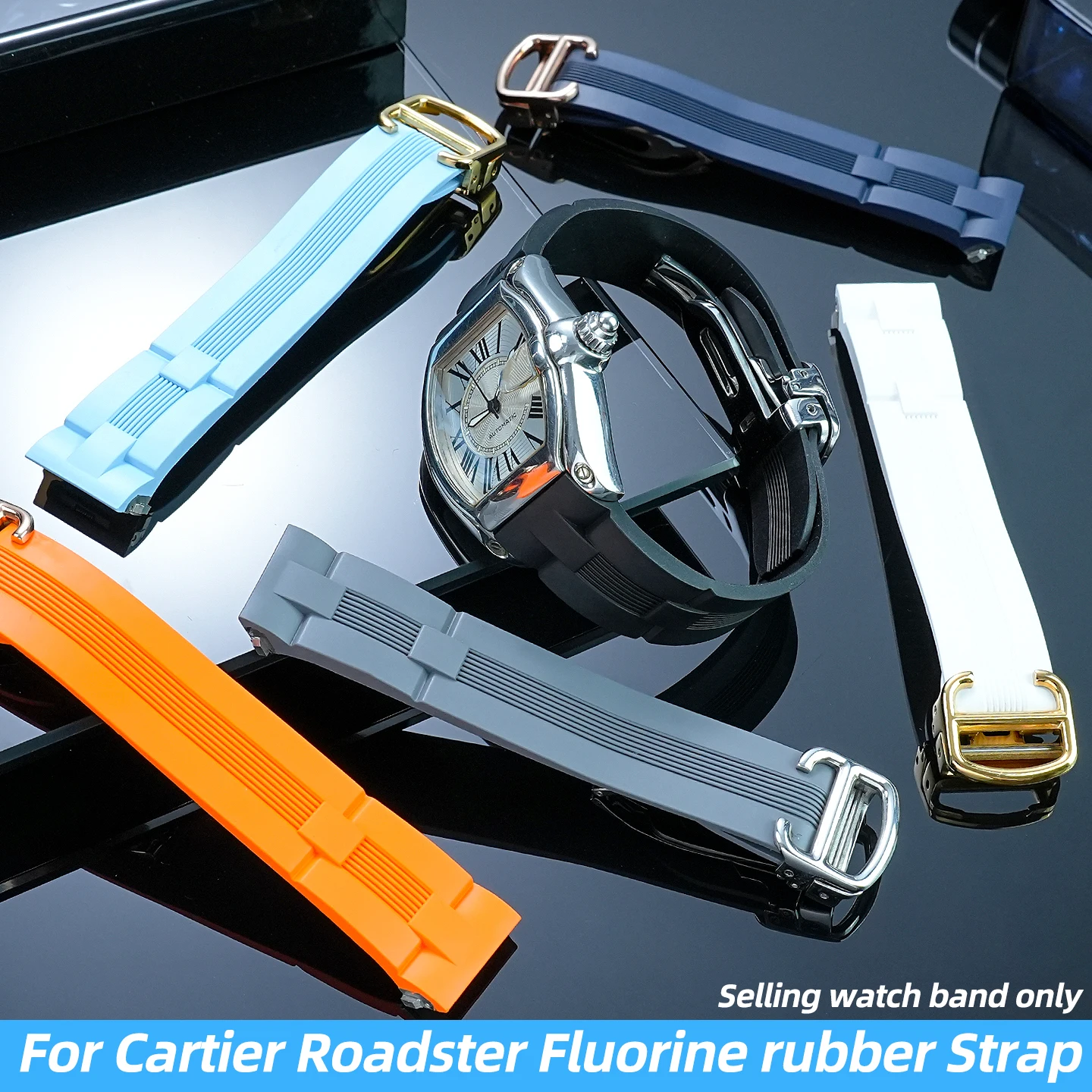 

For Cartier Roadster series 19mm Watch Strap Men fluorine rubber bracelet Watch Band with Quick-release Interface Folding Buckle