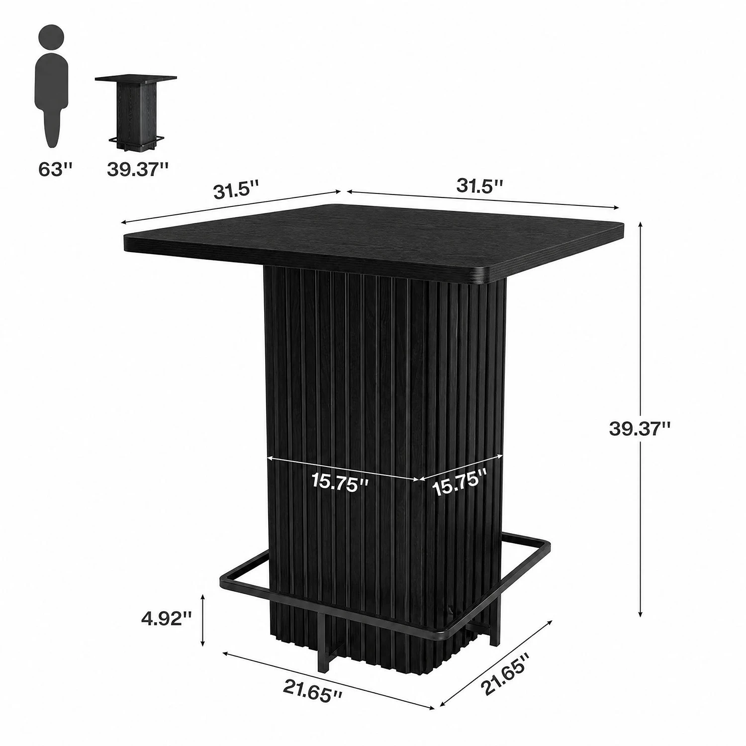 31.5 Inch Square Counter Height Bar Table, Fluted Pedestal Bistro Dining Table With Metal Ring Footrest For Kitchen, Cafe, Apartment Party