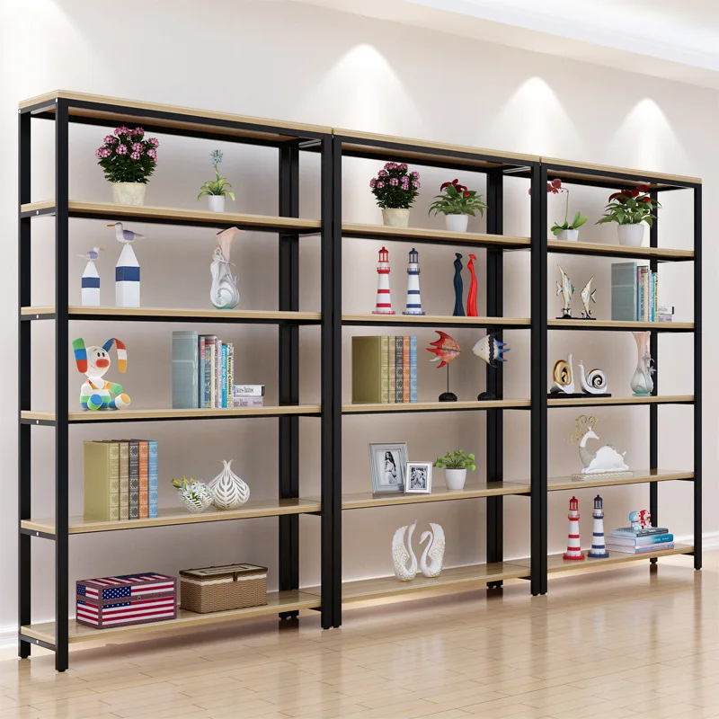 Steel and wood display rack Multi-layer baffle floor product display shelf Living room simple bookshelf Shelf Spot export