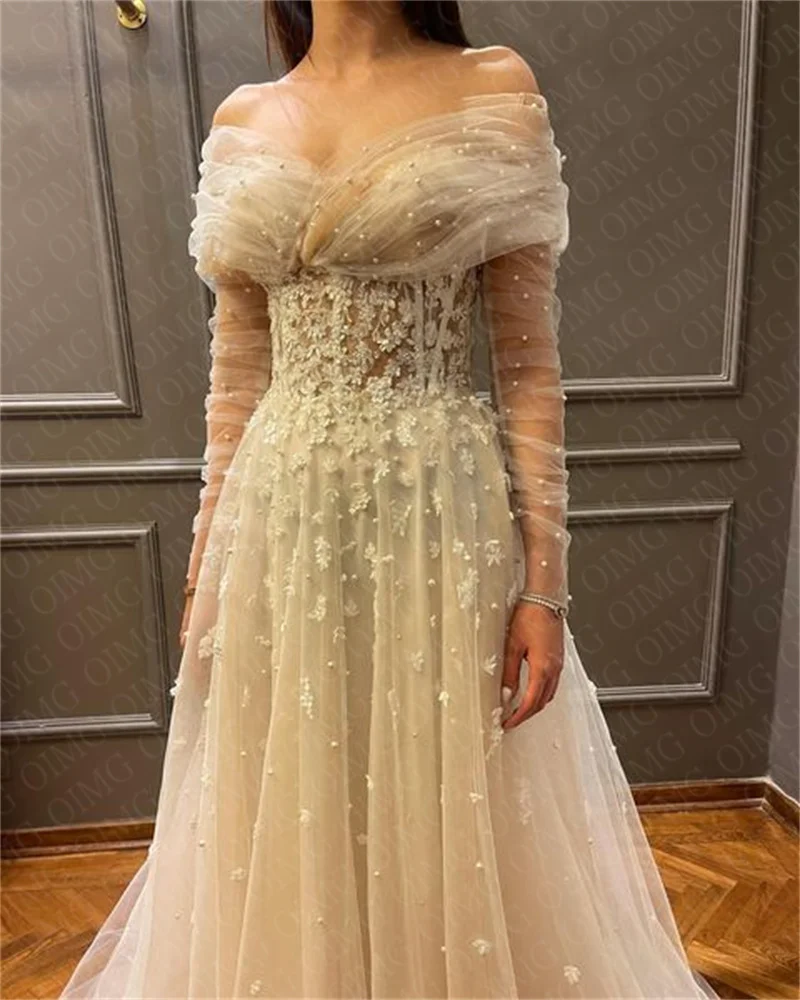 Oimg Vintage Spitze lange Ärmel Brautkleider Kleider Applikation eine Linie von der Schulter formale Pricness Braut Brautkleid Kleid